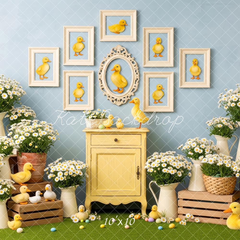 Kate Easter Ducklings Yellow Cabinet Daisies Crates Backdrop Designed by Patty Roberts