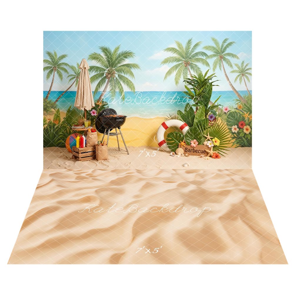 Kate Summer Beach Palm Trees Barbecue Umbrella Flowers Lifebuoy Backdrop+Beach Sand Floor Backdrop