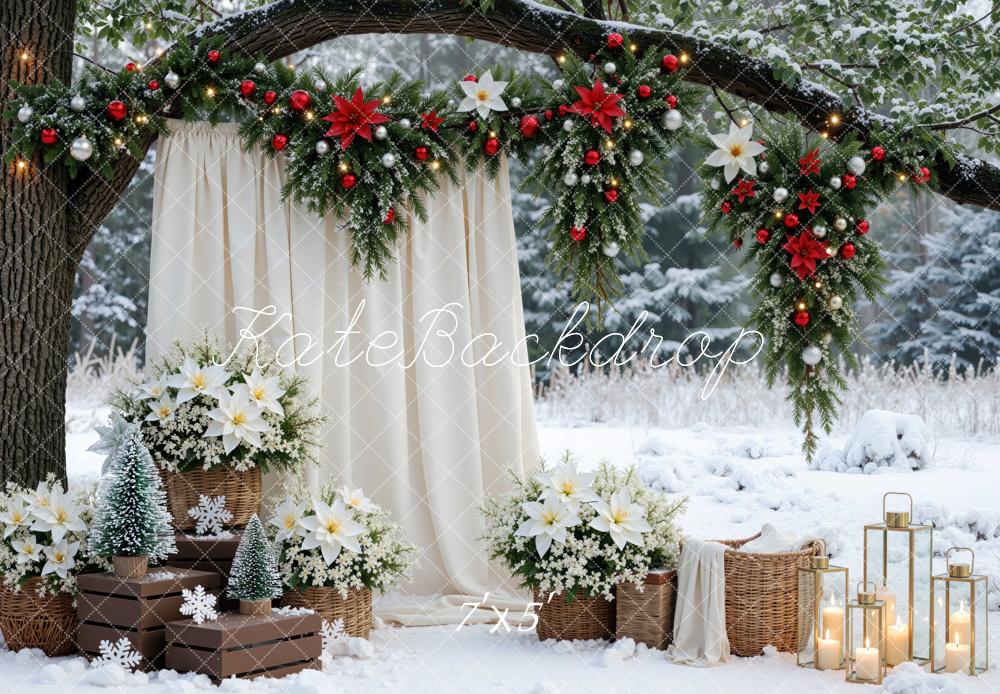 Kate Christmas Branch Arch Garland White Poinsettia Outdoor Snow Printed Backdrop Designed by Mini MakeBelieve