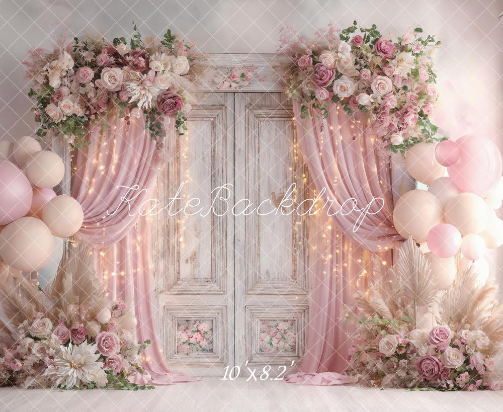Kate Valentine Flower Balloons Drapes Vintage Doors Pink Backdrop Designed by Ashley Paul