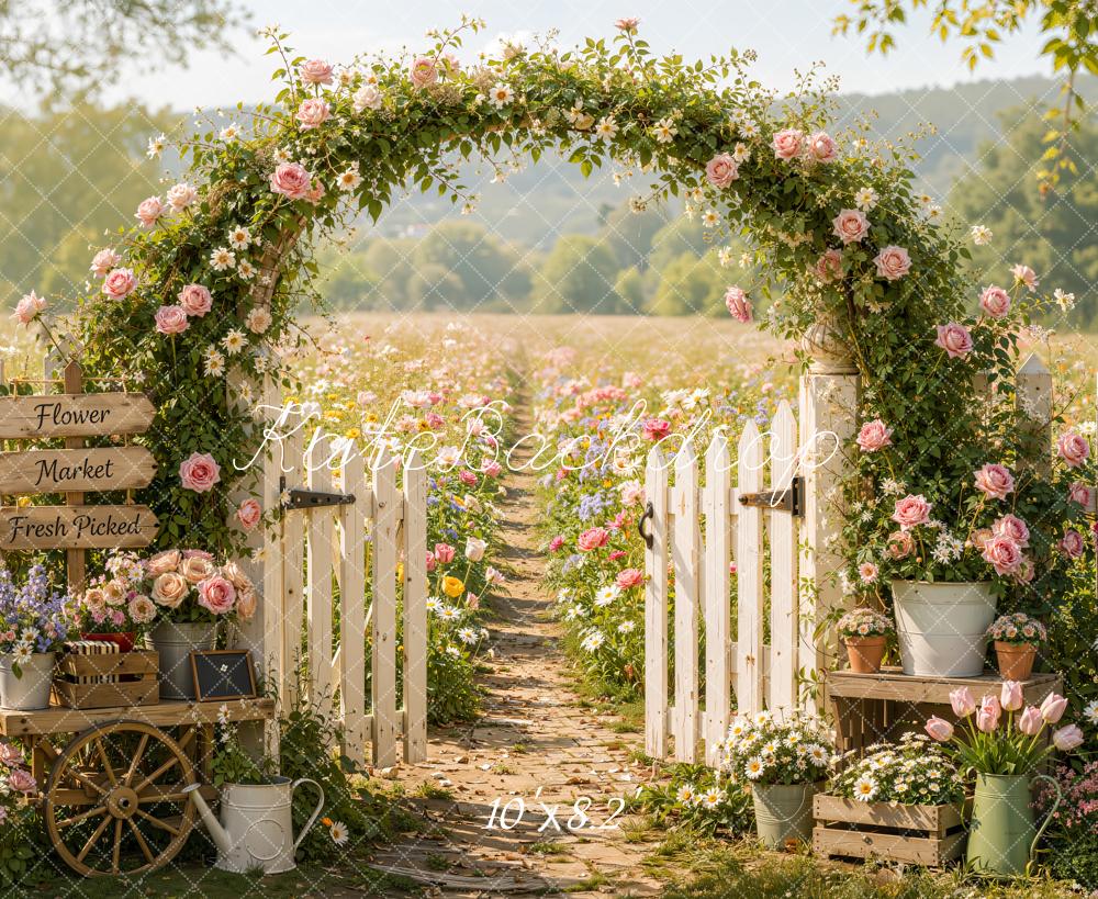Kate Spring Pink Flower Arch Garden Fence Gate Path Field Printed Backdrop Designed by Emetselch