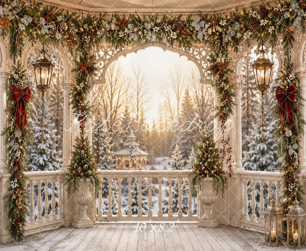 Kate Christmas Gazebo Garland Porch Snowy Trees Printed Backdrop Designed by Emetselch