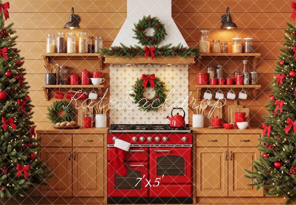 Kate Christmas Kitchen Red Stove Garland Wreath Christmas Tree Backdrop Designed by Patty Roberts