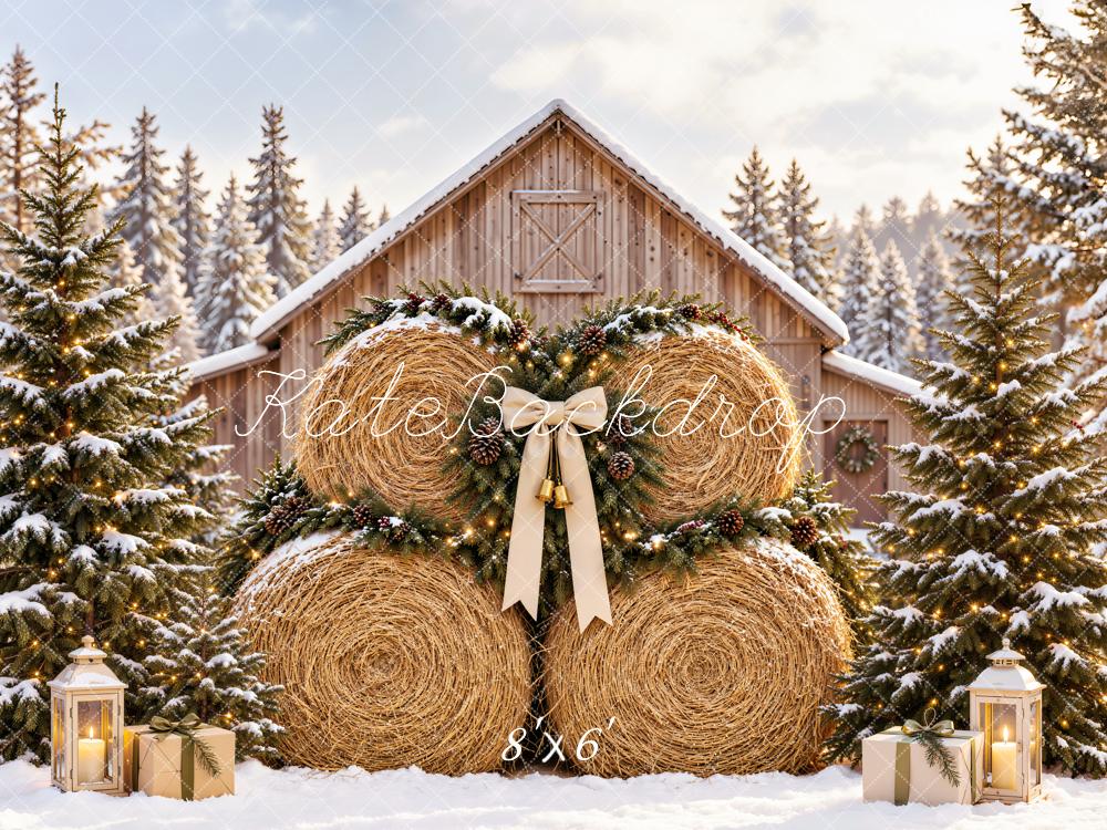 Kate Christmas Hay Bales Snowy Barn Pine Trees Bow Printed Backdrop Designed by Emetselch