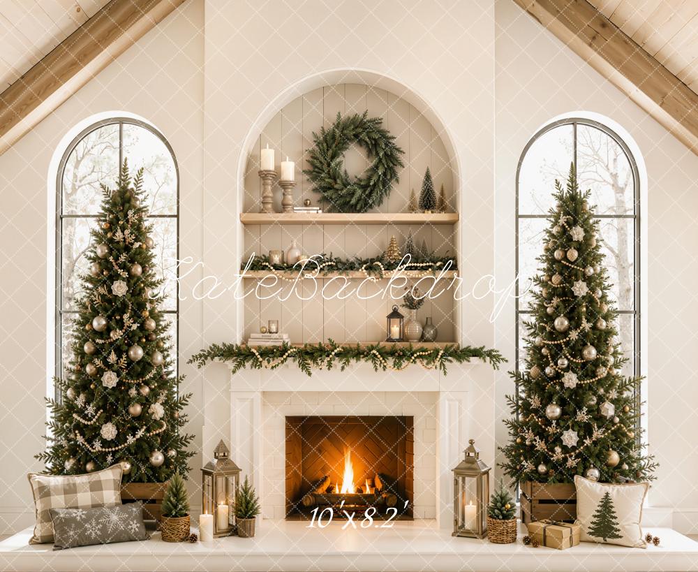 Kate Christmas Beige Fireplace Trees Mantel Gable Roof Printed Backdrop Designed by Emetselch
