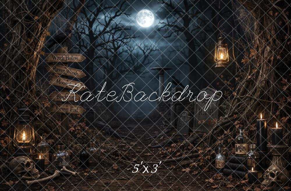 Kate Halloween Dark Forest Moon Graveyard Printed Backdrop Designed by Emetselch