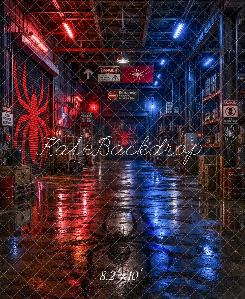 Kate Urban Red Blue Industrial Spider Warehouse Printed Backdrop Designed by Emetselch