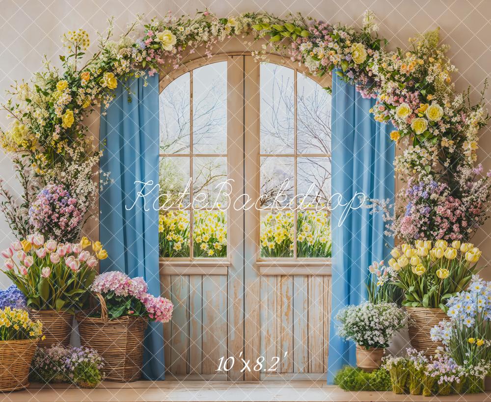Kate Spring Flower Arch Window Blue Curtain Baskets Backdrop Designed by Emetselch