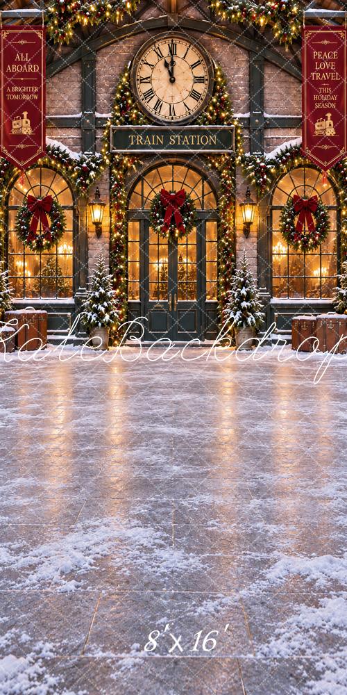Kate Sweep Christmas Train Station Clock Floor Printed Backdrop Designed by Vertigo Productions