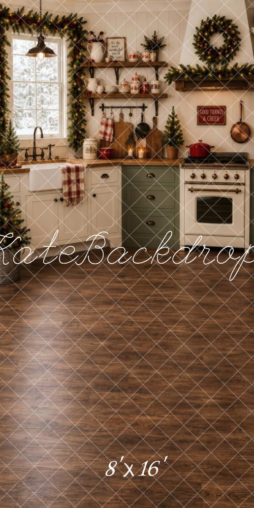 Kate Sweep Christmas Cottage Kitchen Window Garland Farmhouse Printed Backdrop Designed by Vertigo Productions
