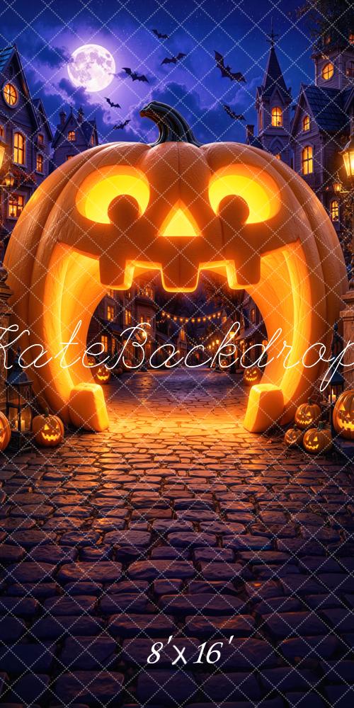 Kate Halloween Trunk or Treat Pumpkin Arch Haunted Village Cobblestone Printed Backdrop Designed by Mini MakeBelieve