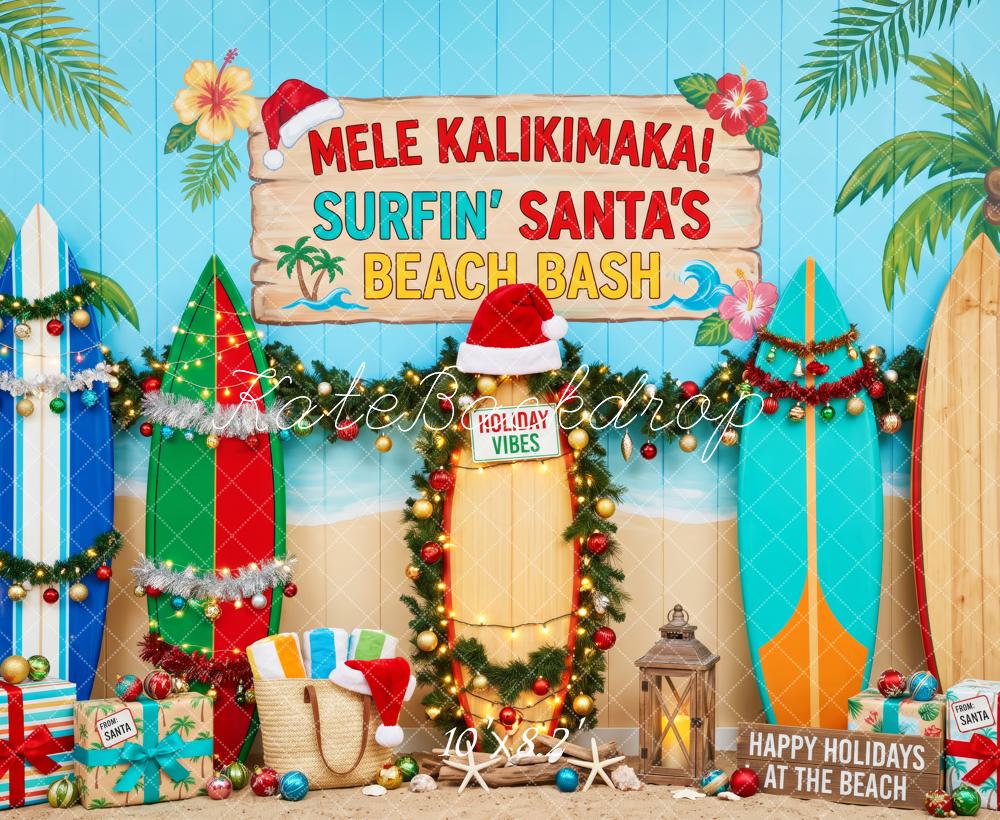 Kate Christmas Surfboards Surfing Santa’s Beach Bash Garland Printed Backdrop Designed by Patty Roberts