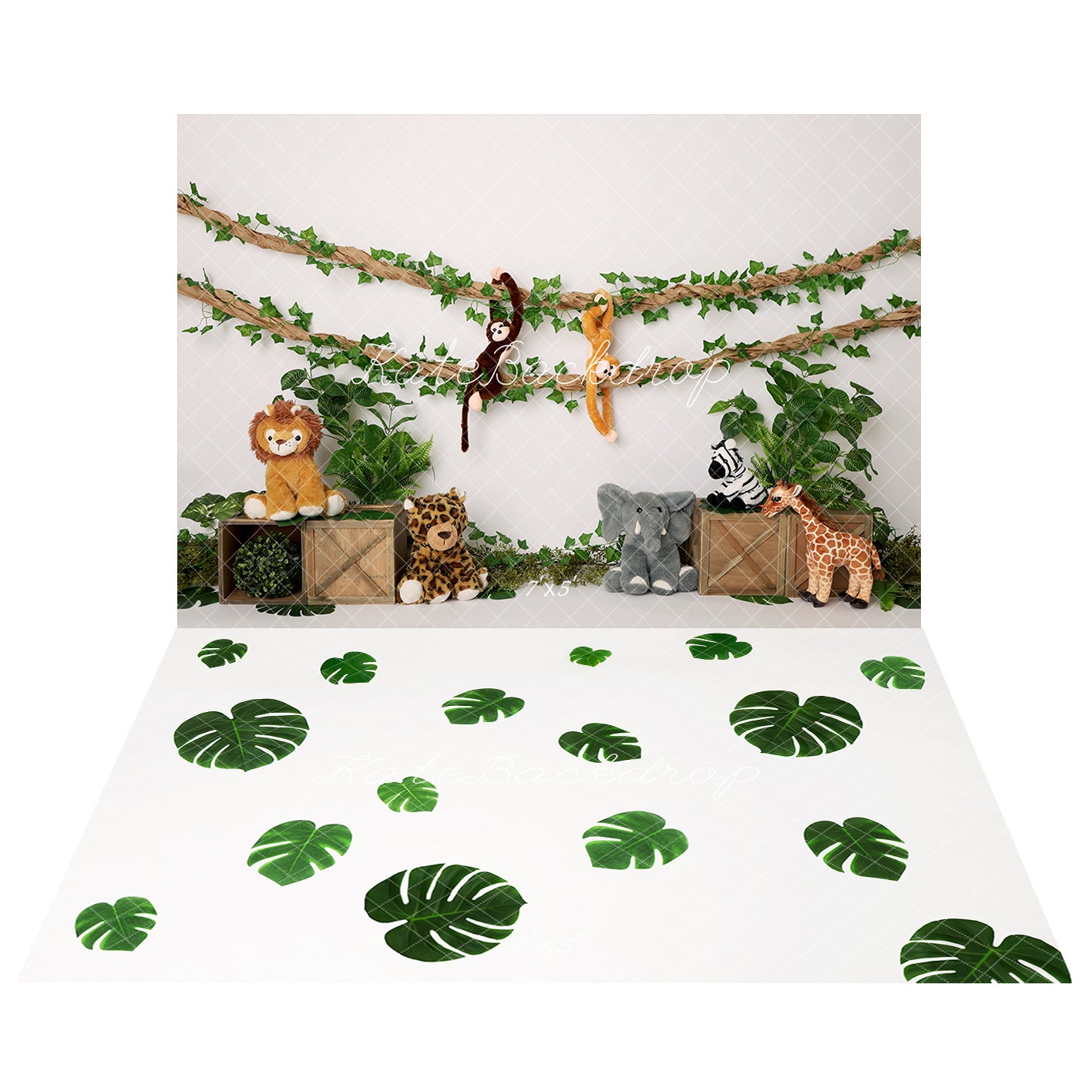 Kate Jungle Stuffed Animals Green Leaves Wooden Crates Backdrop+Green Monstera Leaves Floor Backdrop