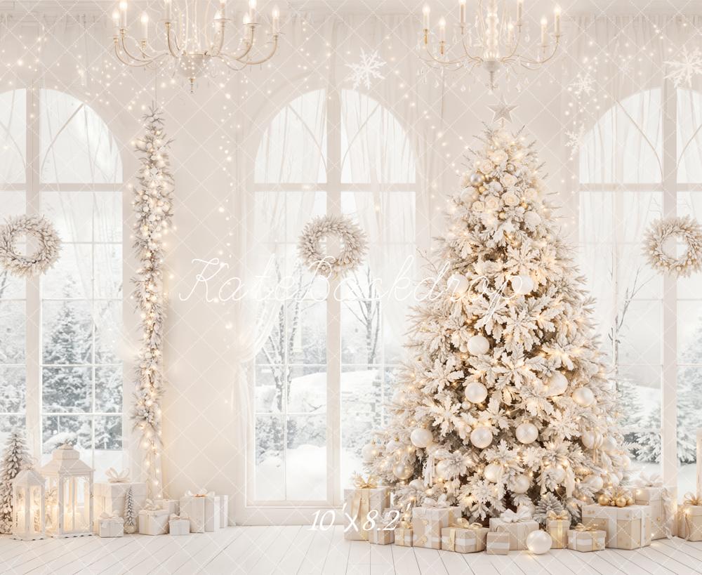 Kate White Christmas Tree Gifts Windows Wreath Lantern Printed Backdrop Designed by Emetselch