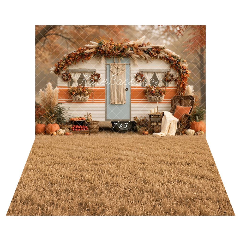 Kate Fall Boho Camper Pampas Grass Pumpkins Macrame Printed Backdrop+Dry Grass Field Floor Printed Backdrop