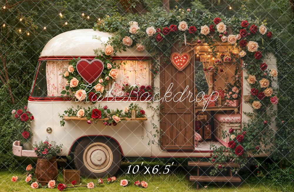 Kate Valentine's Day Vintage Camper Floral Heart Garland String Lights Backdrop Designed by Emetselch