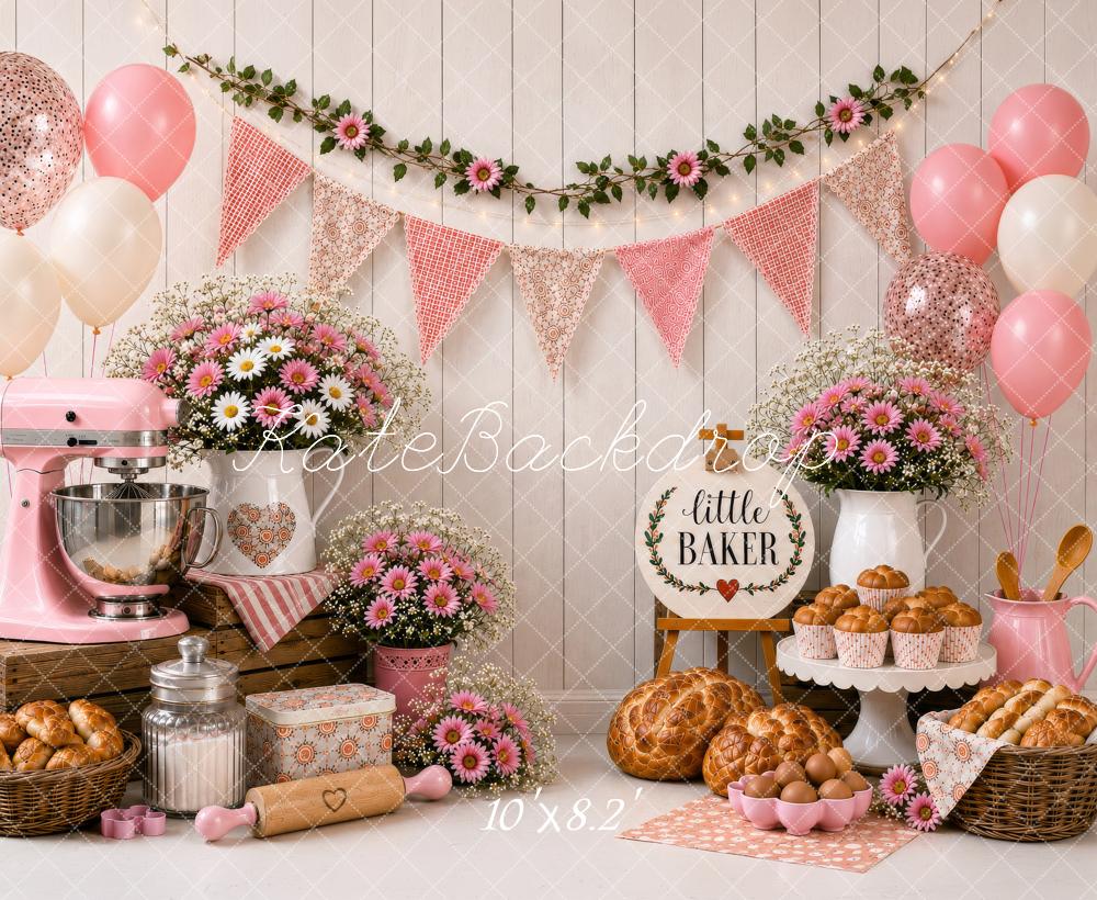 Kate Cake Smash Pink Little Baker Kitchen Floral Balloons Printed Backdrop Designed by Shutter Swan Studios