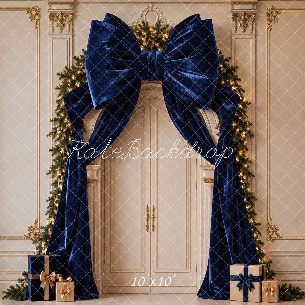 Kate Christmas Navy Velvet Bow Garland Arch Vintage Printed Backdrop Designed by Vertigo Productions