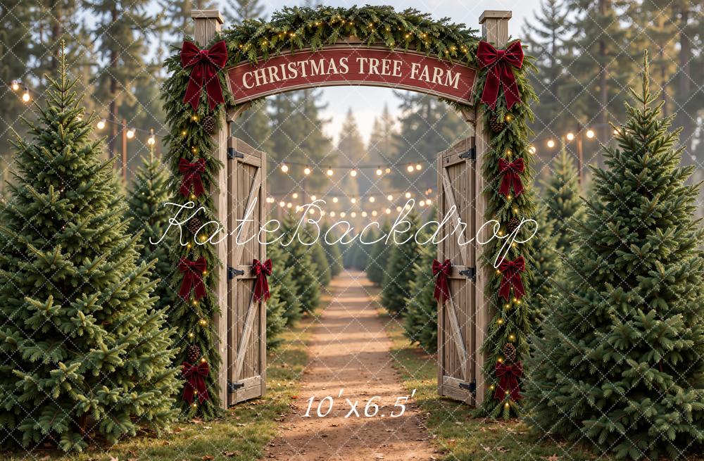 Kate Christmas Tree Farm Gate Rustic Red Bow Printed Backdrop Designed by Emetselch