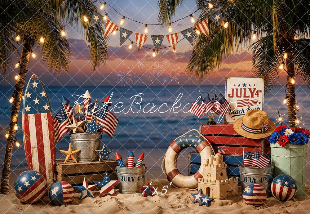 Kate 4th Of July Beach Surfboard Palm Trees Flags Fireworks Printed Backdrop Designed by Emetselch