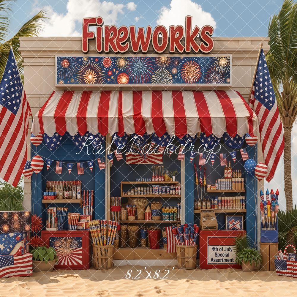 Kate 4th Of July Fireworks Booth Red White Blue Flags Printed Backdrop Designed by Chain Photography