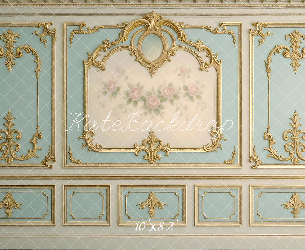 Kate Rococo Blue Vintage Wall Gold Floral Panel Backdrop Designed by Mini MakeBelieve