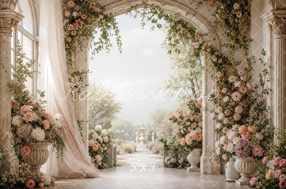 Kate Spring Flower Arch Palace Garden White Curtains Printed Backdrop Designed by Shutter Swan Studios
