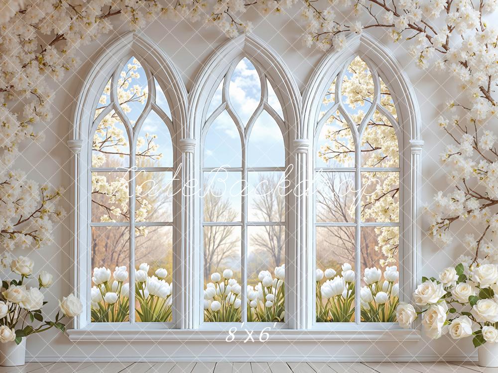 Kate Spring Floral Arch Window White Blossoms Printed Backdrop Designed by Mini MakeBelieve