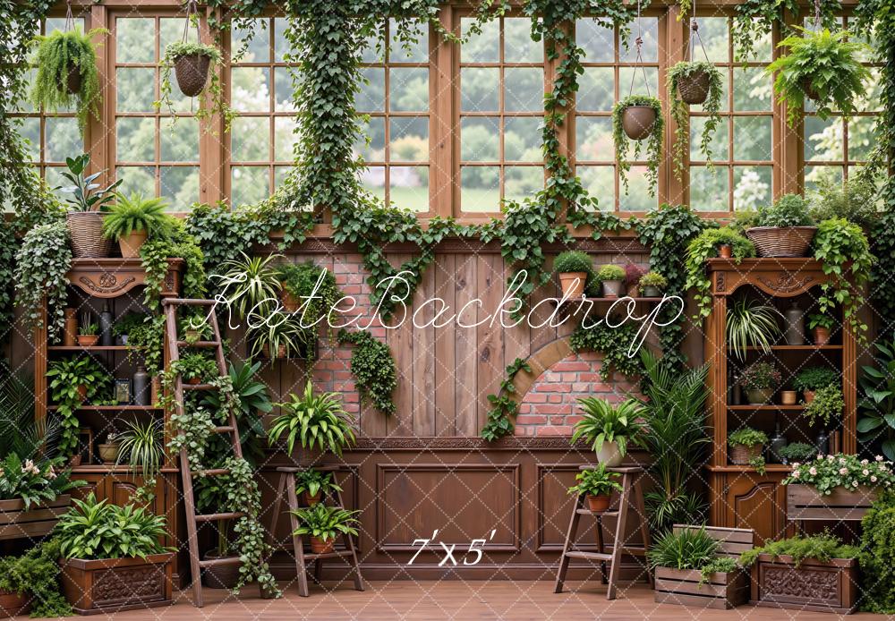 Kate Spring Greenhouse Garden Windows Brick Arch Cabinet Plants Printed Backdrop Designed by Mini MakeBelieve