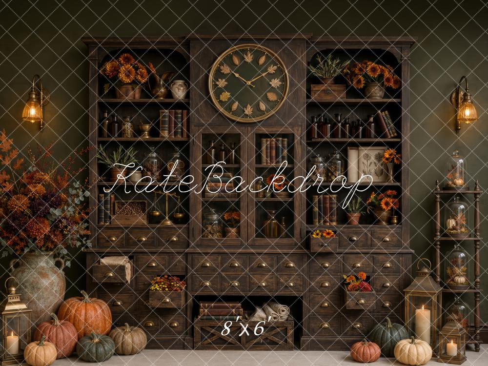 Kate Fall Vintage Apothecary Cabinet Clock Pumpkins Printed Backdrop Designed by Patty Roberts