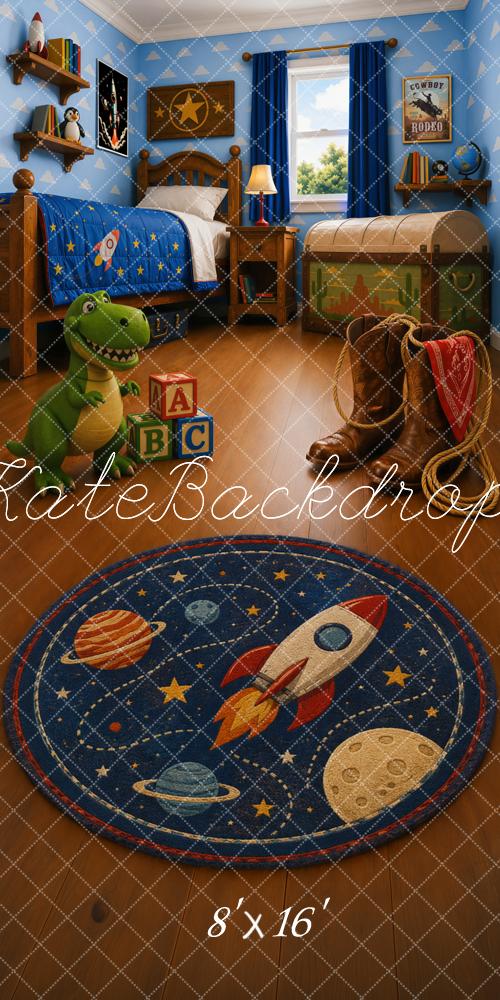 Kate Sweep Toys POV Shot Kids Bedroom Space Rocket Planet Rug Printed Backdrop Designed by Ashley Ward