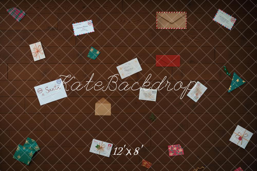 Kate Christmas Letters Envelopes And Gifts On Brown Wood Floor Printed Backdrop Designed by Mini MakeBelieve