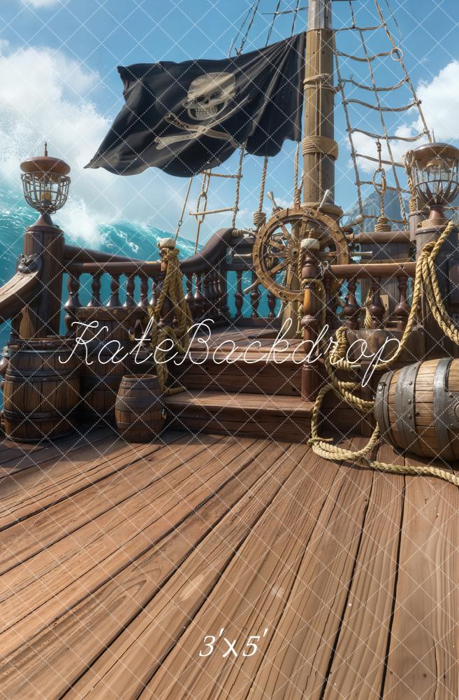 Kate Pirate Ship Deck Steering Wheel Barrels Ocean Backdrop Designed by Chain Photography