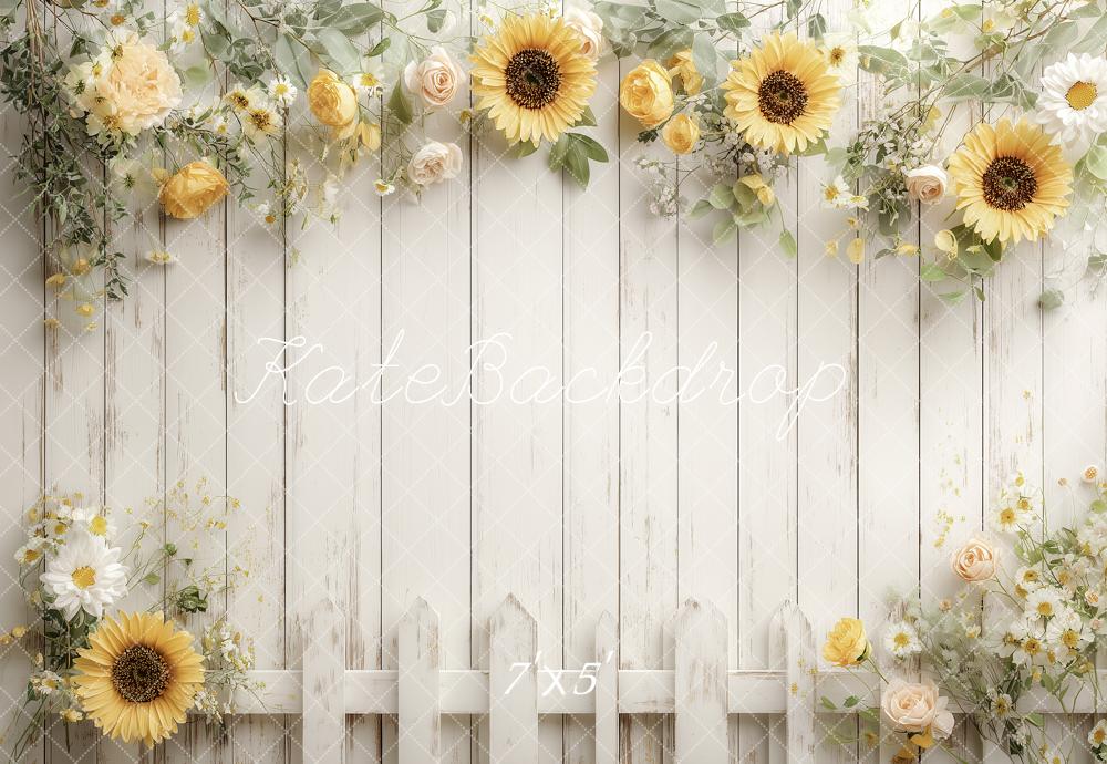 Kate Summer Sunflower Cream Rose White Picket Fence Printed Backdrop Designed by Angela Miller
