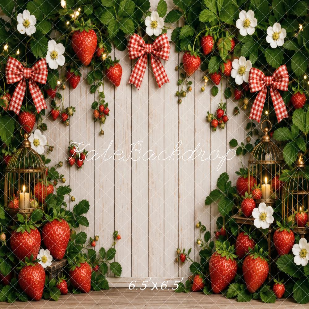 Kate Summer Strawberry Garland Flowers Red Bows White Wood Plank Printed Backdrop Designed by Vertigo Productions