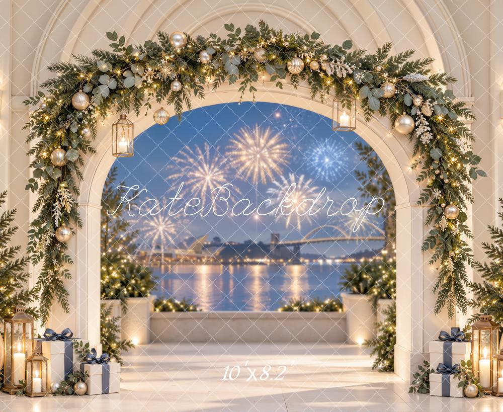 Kate Christmas Garland Arch Fireworks Waterfront Printed Backdrop Designed by Emetselch