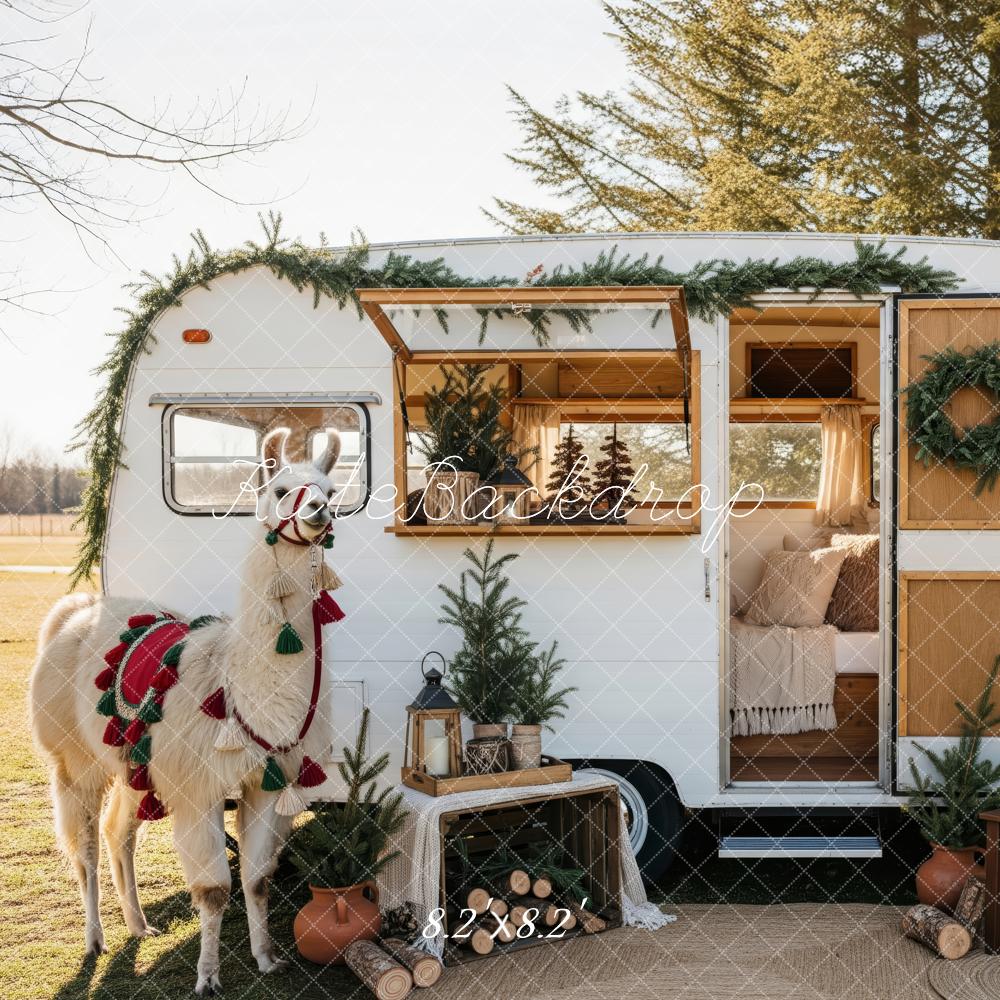Kate Christmas Camper Llama Garland Wreath Trees Backdrop Designed by Patty Roberts
