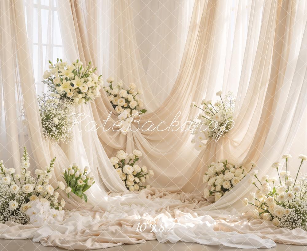 Kate Wedding Cream Drapes White Flowers Printed Backdrop Designed by Mini MakeBelieve