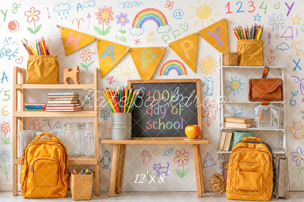 Kate Back to School Classroom Chalkboard Rainbow Doodles Backdrop Designed by Chain Photography