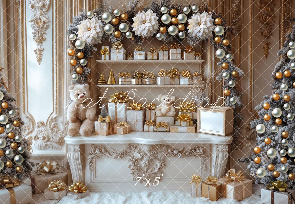 Kate Christmas White Gift Room Garland Cabinet Backdrop Designed by Mini MakeBelieve