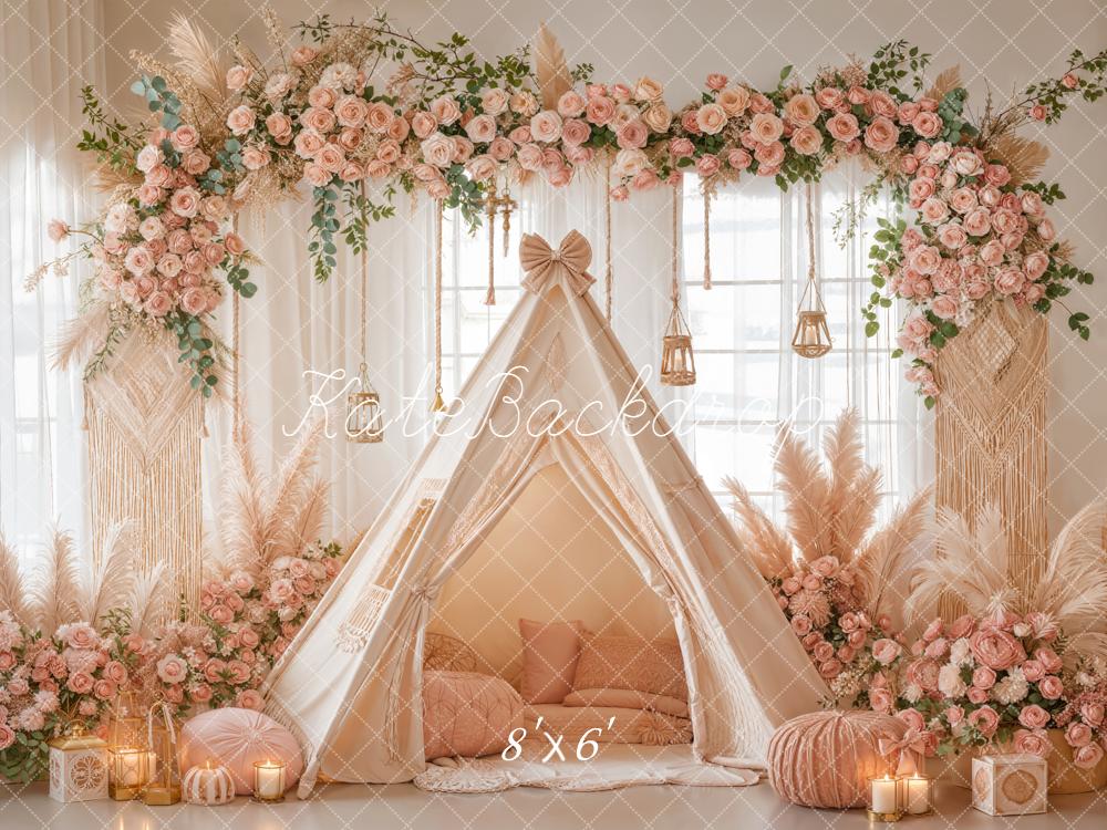 Kate Boho Flower Arch Teepee Pink Floral Macrame Backdrop Designed by Emetselch