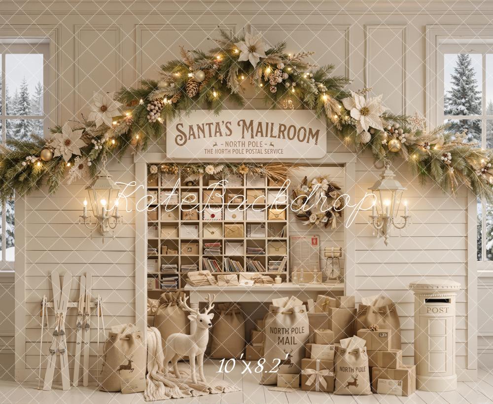 Kate Christmas Mailroom Garland Gifts Reindeer White Window Printed Backdrop Designed by Emetselch
