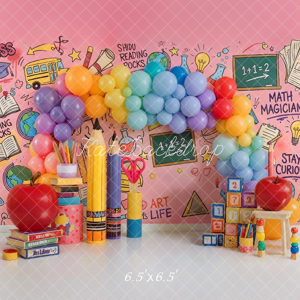 Kate Back to School Rainbow Balloon Pencil Apple Books Printed Backdrop Designed by Emetselch