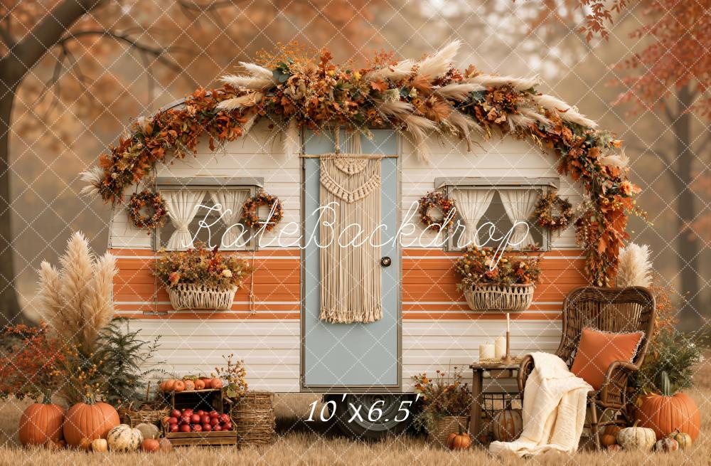 Kate Fall Boho Camper Macrame Pumpkins Pampas Grass Printed Backdrop Designed by Emetselch