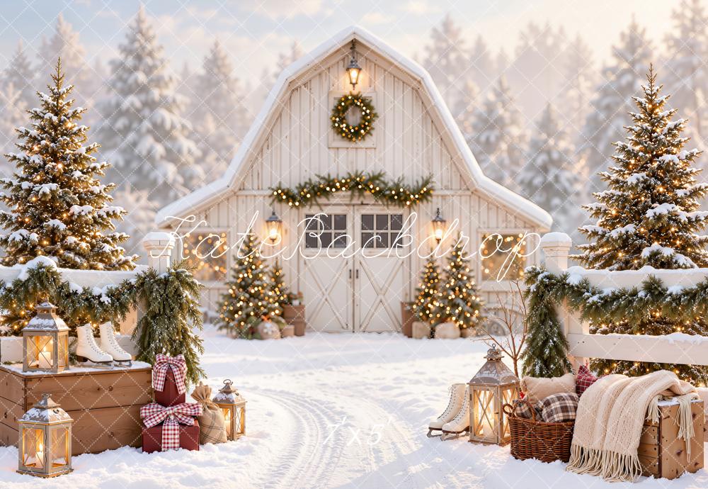 Kate Christmas Snowy White Barn Pine Trees Farmhouse Printed Backdrop Designed by Emetselch
