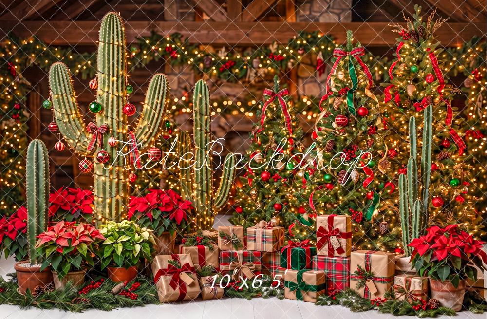 Kate Christmas Trees Cactus Poinsettias Gifts Printed Backdrop Designed by Angela Miller