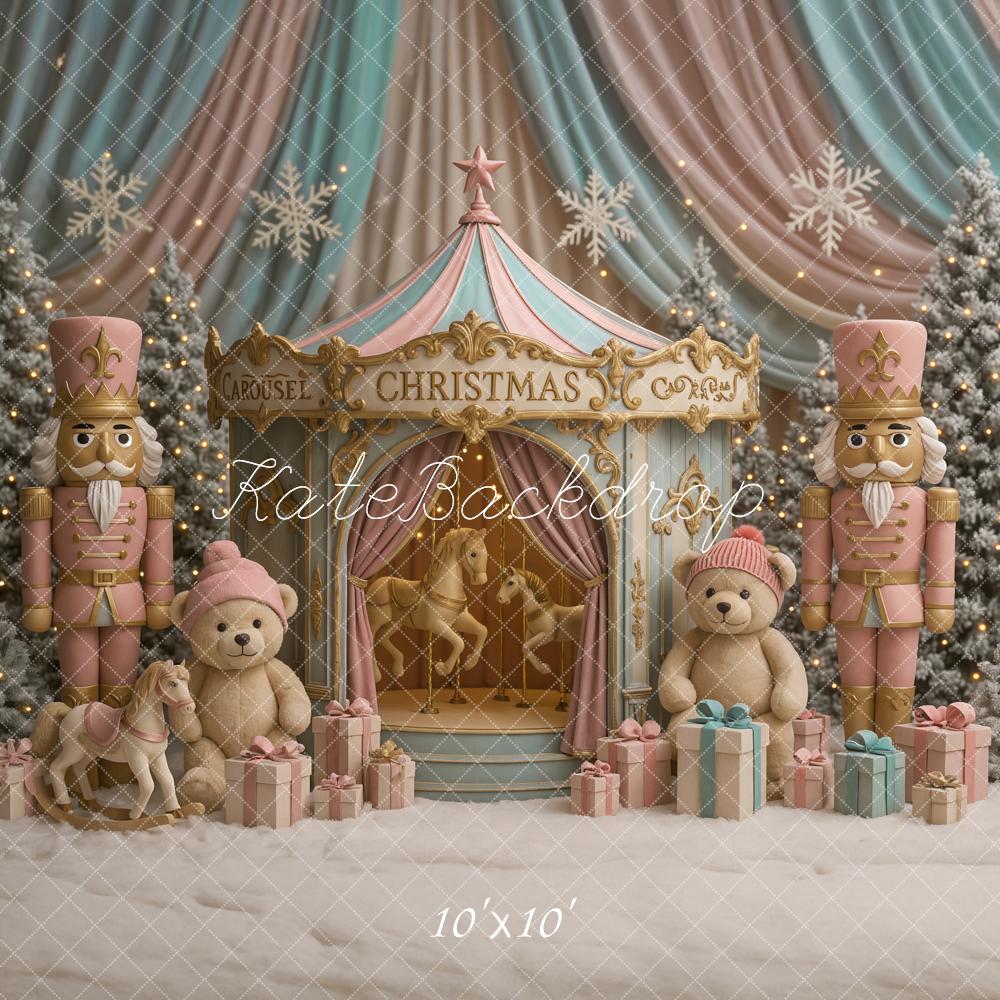 Kate Christmas Carousel Nutcracker Teddy Bear Pastel Gifts Backdrop Designed by Ashley Paul