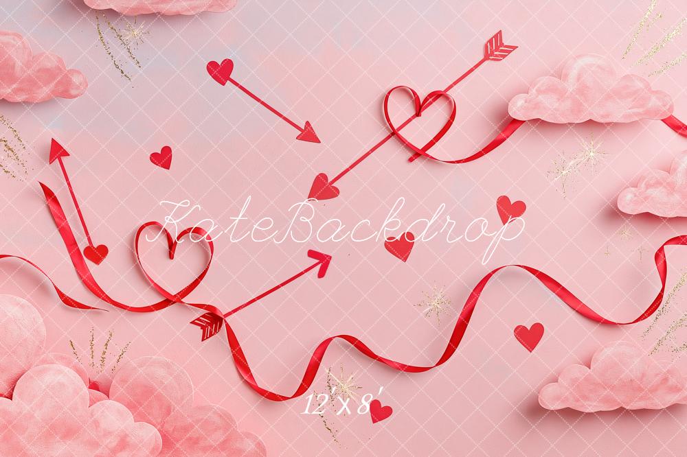 Kate Valentine's Day Pink Hearts Arrows Ribbon Clouds Printed Backdrop Designed by Angela Miller