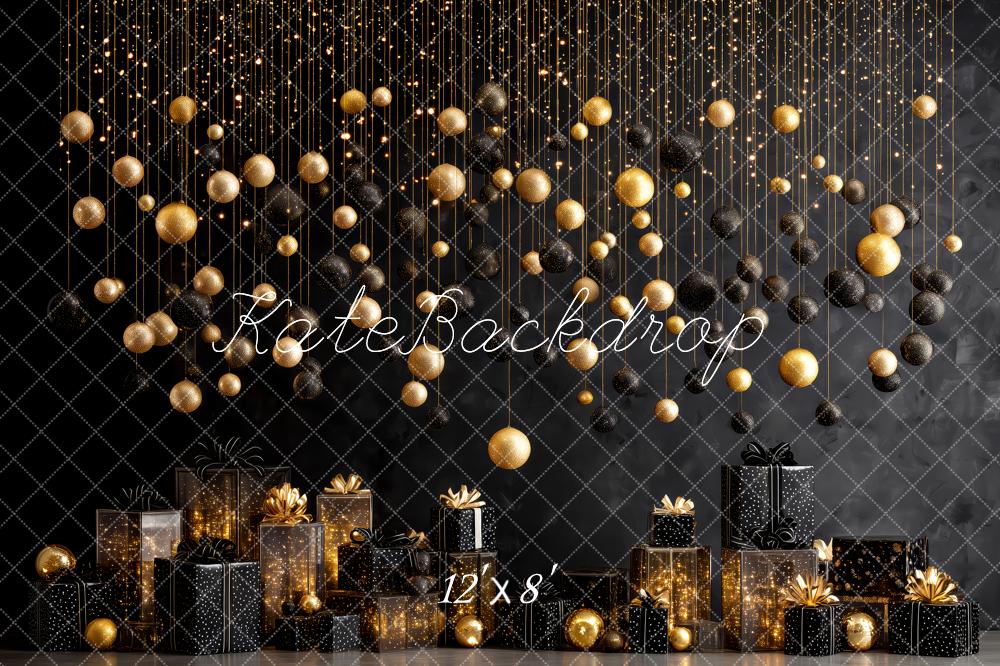 Kate Christmas Black Gold Ornaments Gift Boxes Backdrop Designed by Patty Roberts
