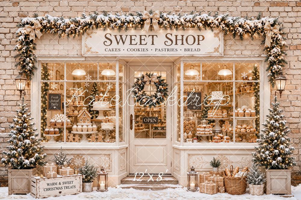 Kate Christmas Sweet Shop Bakery Gingerbread Snow Brick Wall Garland Printed Backdrop Designed by Emetselch